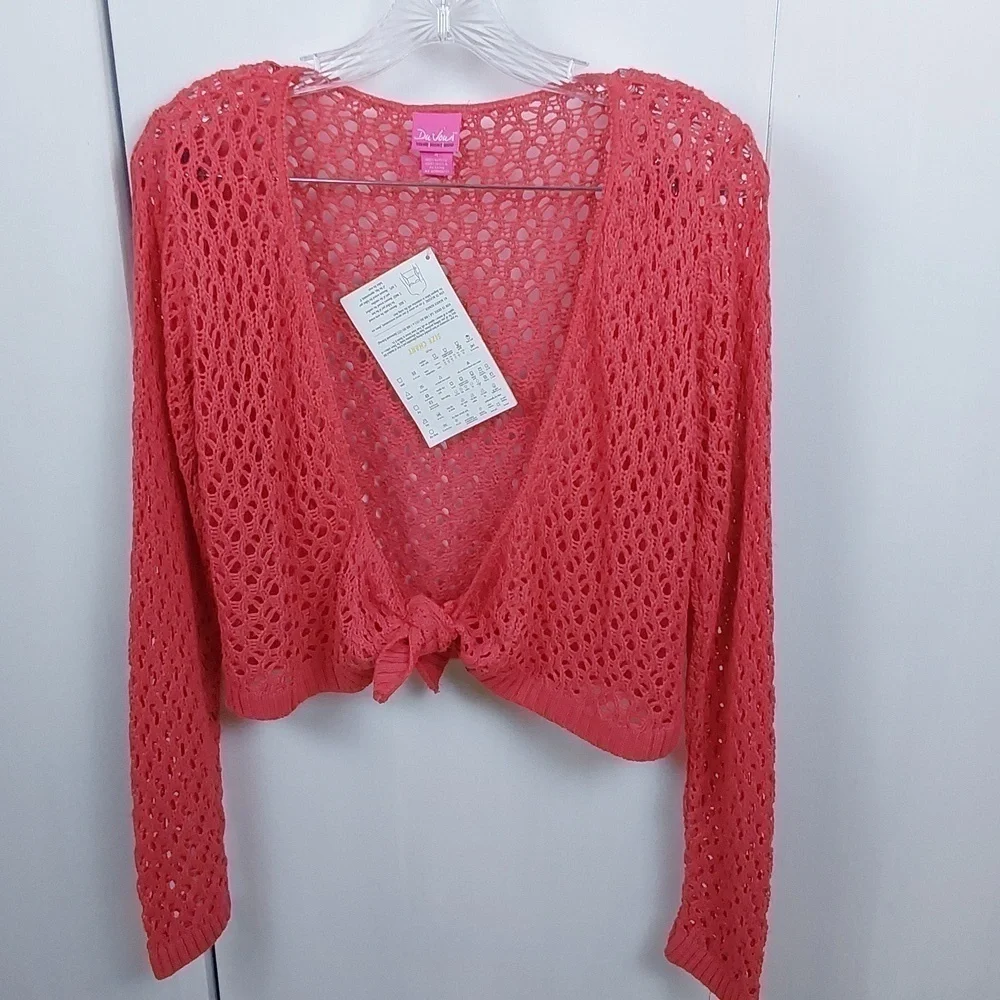 Du jour Womens Coral 2 piece Top set Crochet Cardigan W Tank shell Cute! Sz.M
